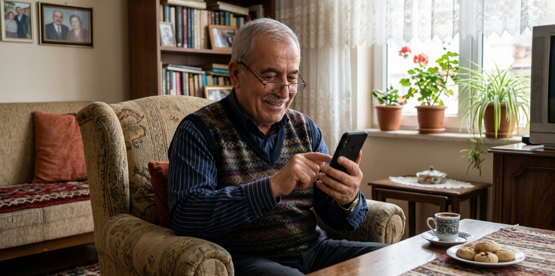 emekli amca cep telefonundan işlem yapıyor