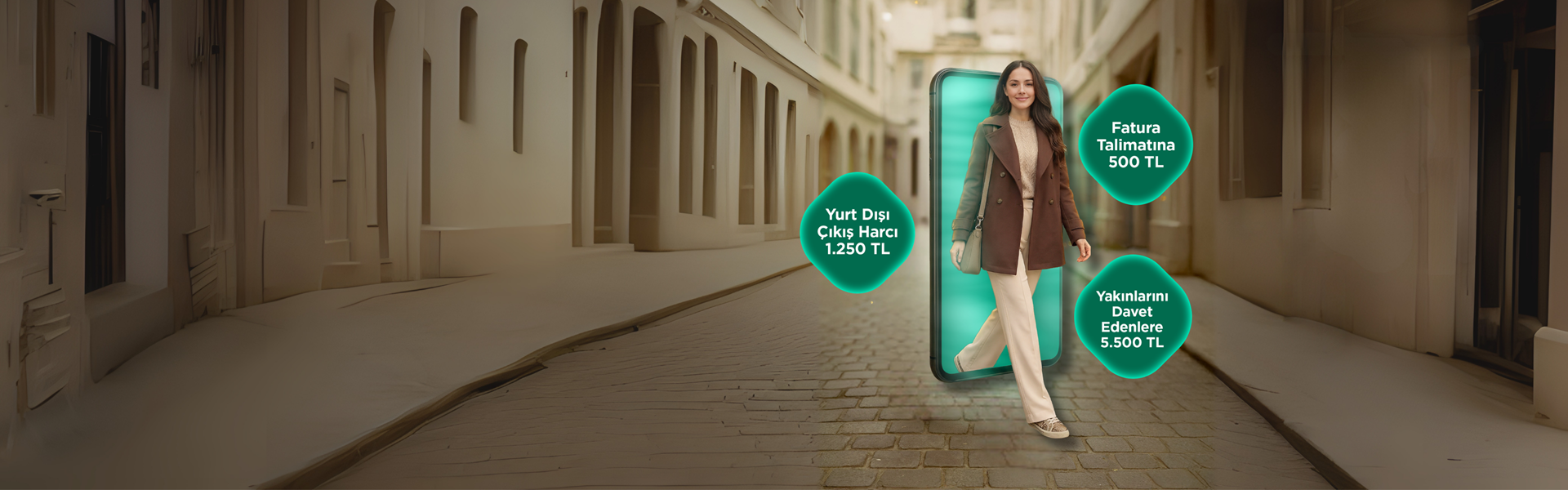 bir sokakta yeşil telefon içerisinden çıkan genç kadın