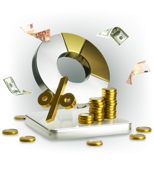 percentage symbol coins and EUR/USD banknotes