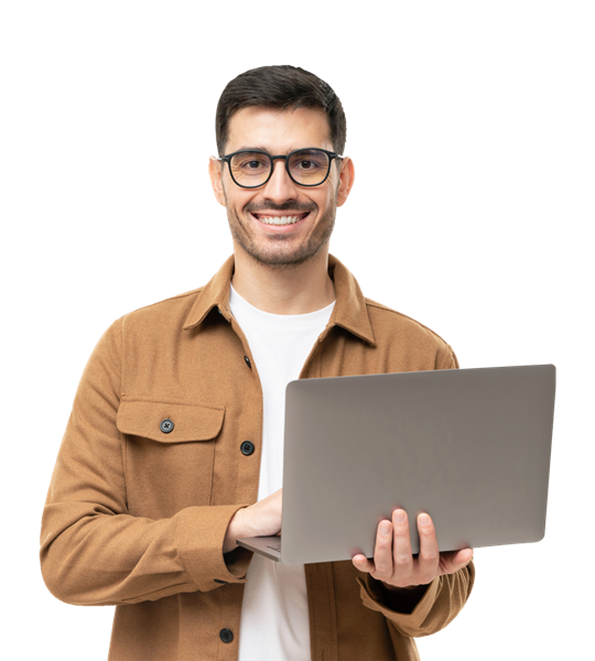 smiling young man holding a laptop