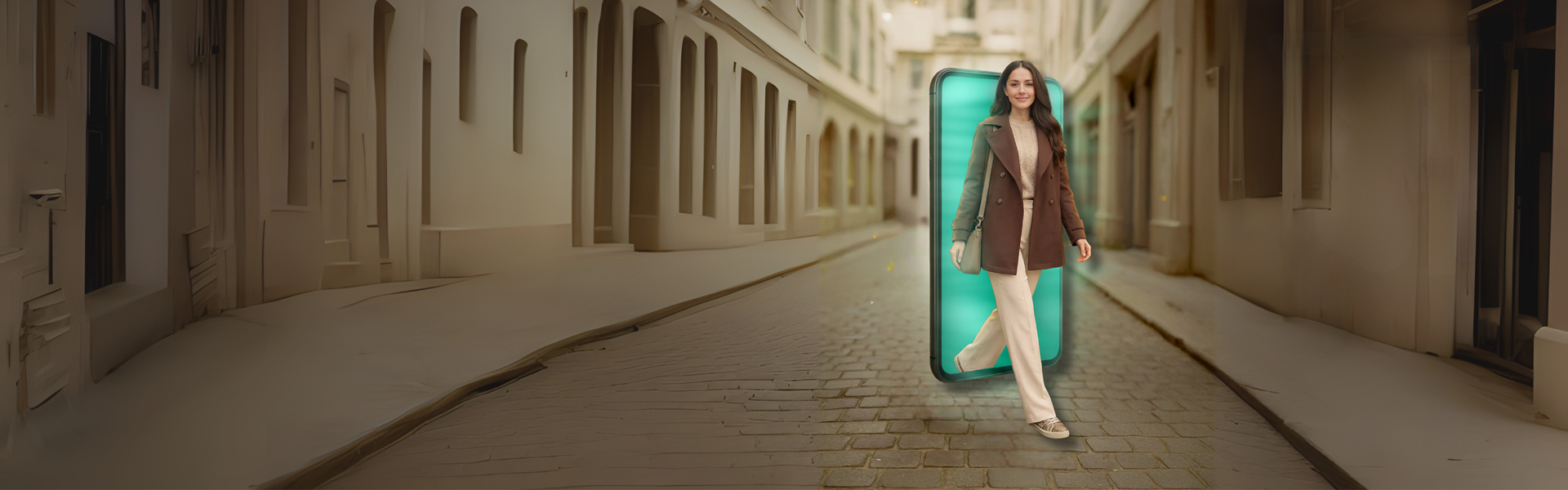 A young woman emerging onto a cobblestone street while on her phone.