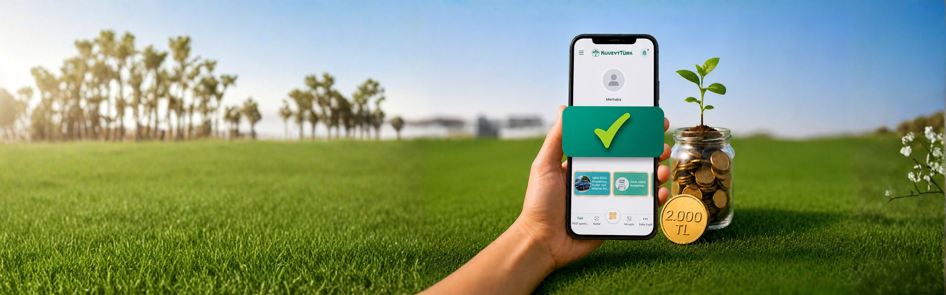Become a Kuveyt Türk Mobile customer screen displayed in front of a jar of coins and a sapling growing out of it
