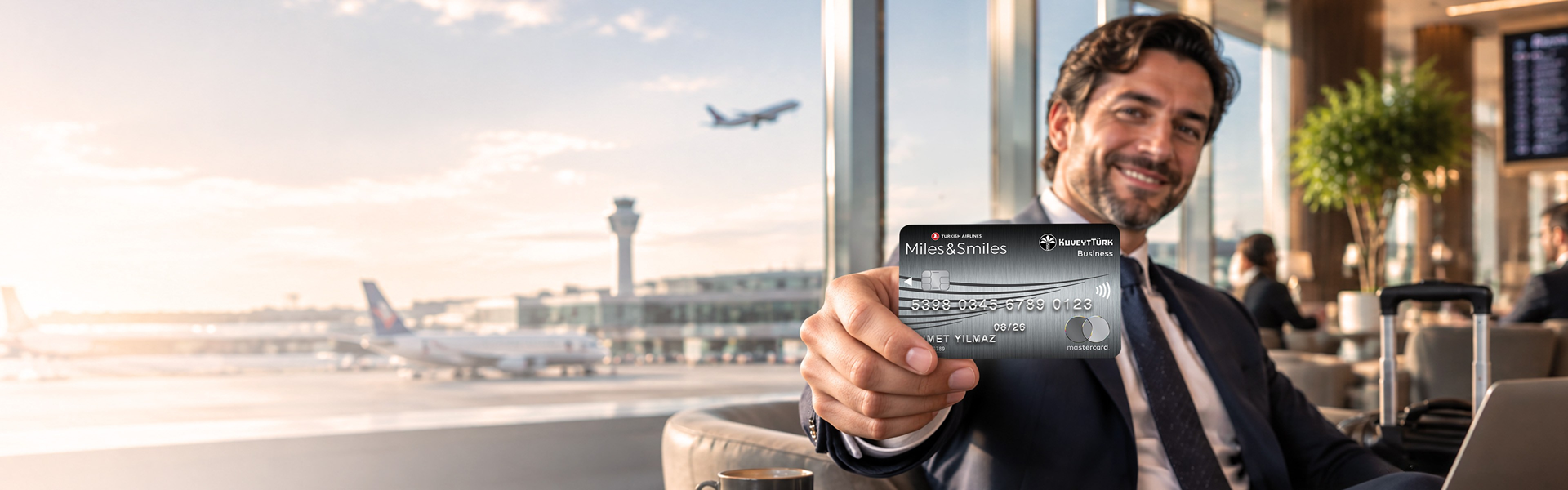 havalimanında elinde Miles and Smiles Business Kart tutan iş insanı