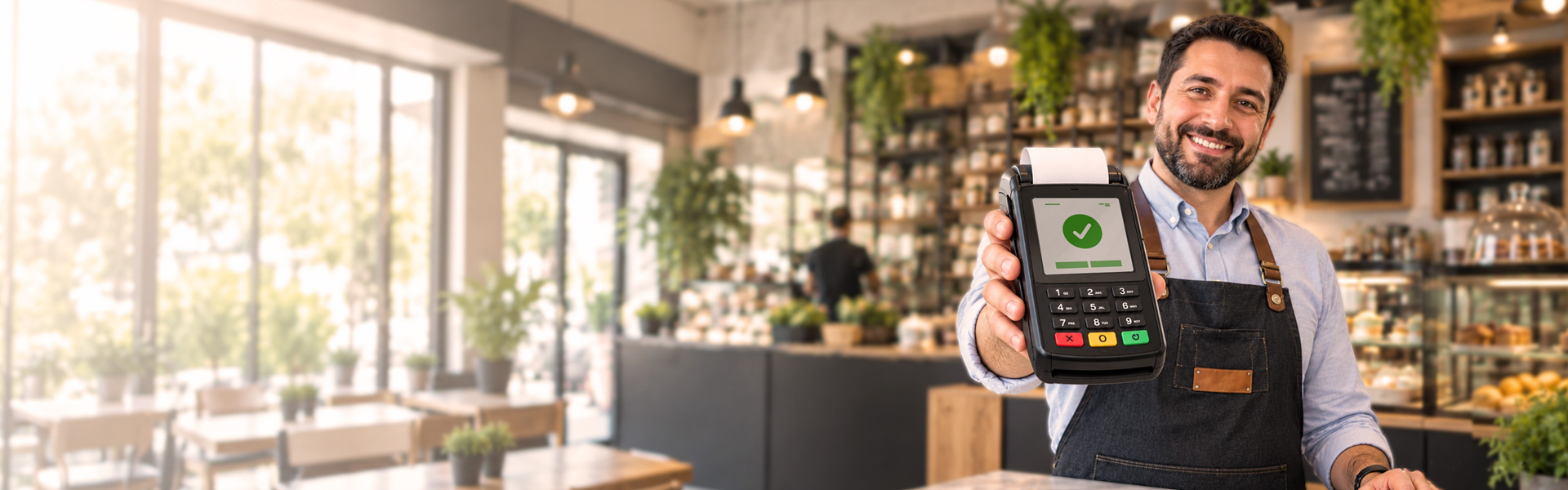 poz cihazını uzatan cafe çalışanı