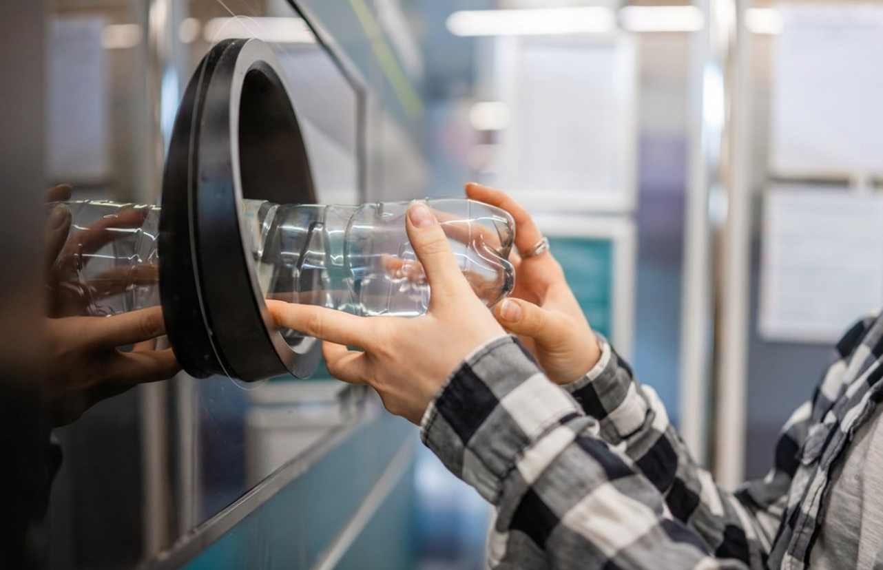 plastik şişe otomatına plastik şişe atan kişi