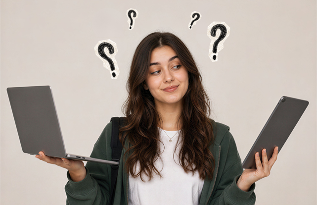 bir elinde laptop diğer elinde tablet tutup düşünen üniversite öğrencisi
