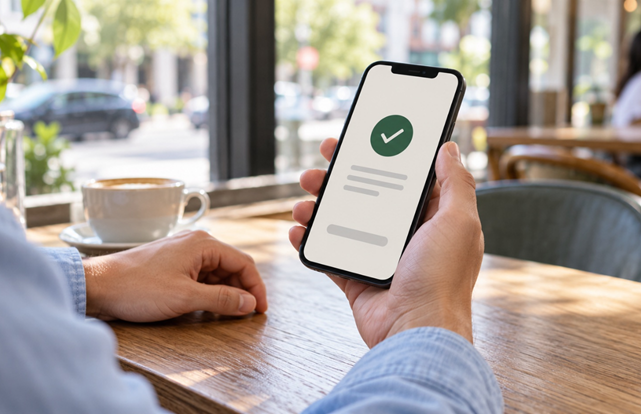 onaylanma ekranı gösteren bir telefon ekranı ve telefonu tutan bir kişi