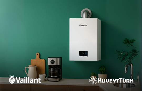 mutfakta vaillant kombi önünde kahve makinesi bardak ve musluk