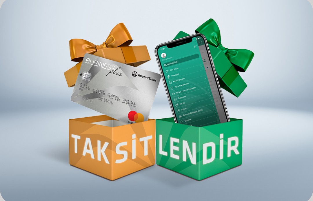 taksitlendir yazılı kutunun içinden çıkan Business Plus kredi kartı ve kuveyt türk mobil uygulaması açık telefon