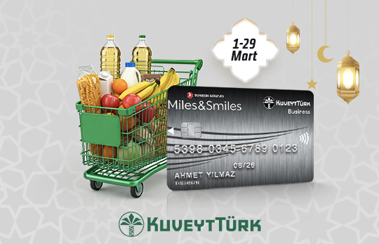 içi gıda dolu alışveriş arabası, ramazan ikonları ve Miles&amp;Smiles Business kartı
