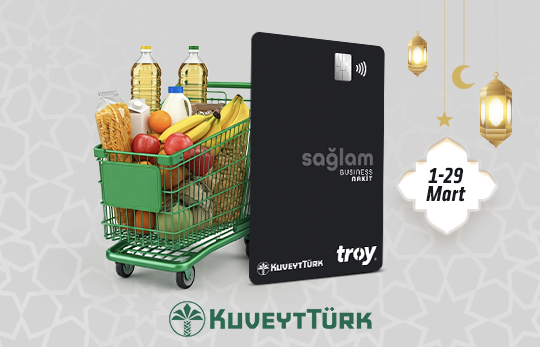 içi gıda dolu alışveriş arabası, ramazan ikonları ve Sağlam Business Nakit kartı