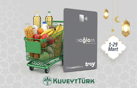 içi gıda dolu alışveriş arabası, ramazan ikonları ve Sağlam Business Nakit kartı