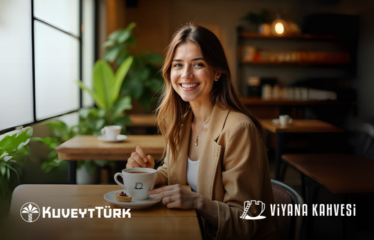 viyana kahvesinde kahve içip gülümseyen genç kadın