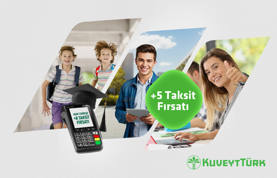 pos ekranında vade farksız taksit fırsatı yazısı ve gülümseyen öğrenciler