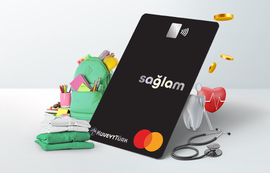 sağlam kart ve arkasında eğitim sağlık ürünleri ikonları