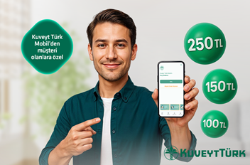 elindeki telefondan Kuveyt Türk Mobil uygulama giriş ekranını gösteren genç adam 