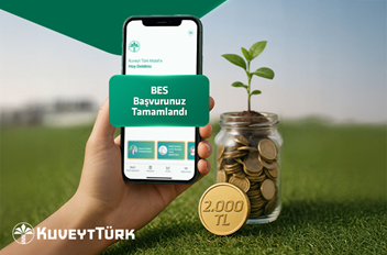bir kavanoz madeni para ve içinden çıkan fidan önünde Kuveyt Türk Mobil müşteri ol ekranı
