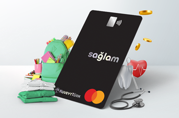 sağlam kart ve arkasında eğitim sağlık ürünleri ikonları