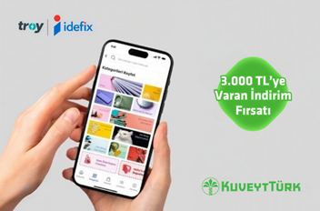 Troy logolu Kuveyt Türk bireysel kredi kartları ve banka kartları ile 31 Ağustos 2026 tarihine kadar İdefix üzerinden tek seferde yapacağınız 1.000 TL ve üzeri alışverişlerinize 200 TL, toplamda 3.000 TL'ye varan indirim kazanabilirsiniz.