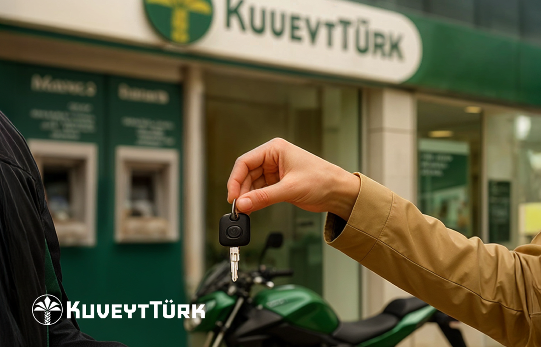 Kuveyt Türk şubesi önünde motosiklet anahtarı uzatan bir el ve arkada yeşil motosiklet
