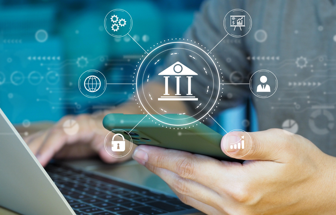 Icons related to financial transactions and a hand holding a phone