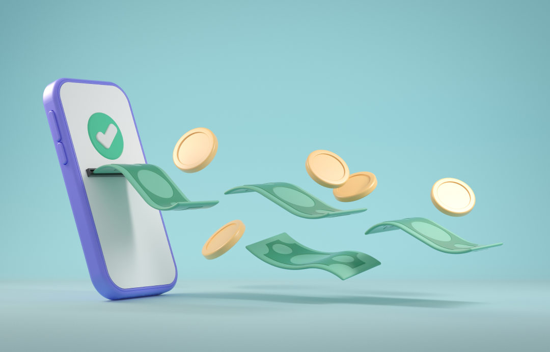 coins and banknotes that appear to pop out of a phone screen
