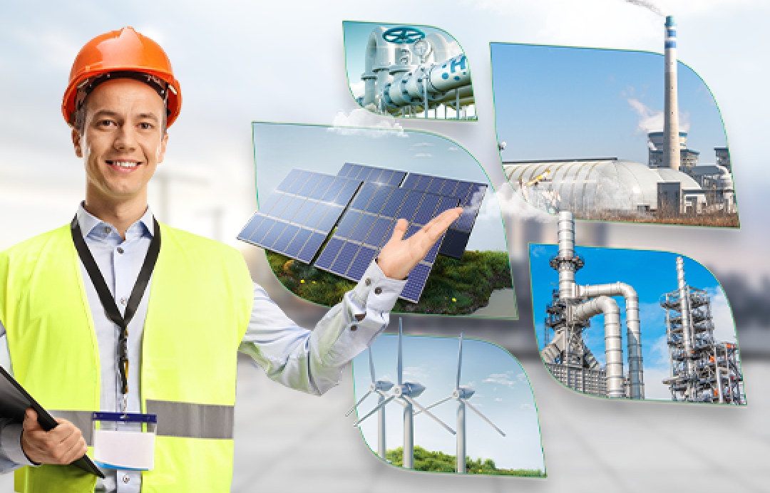 Engineer presenting solar panels wind turbines and indstrial plants