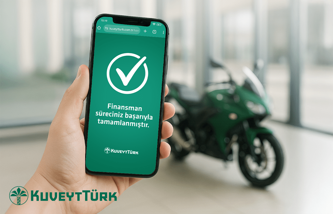 A phone showing that a motorcycle financing application has been completed digitally with a green motorcycle behind it