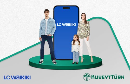 A mobile phone and family logo on a green background with LC Waikiki and Kuveyt Türk logos
