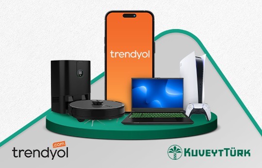 Electronic goods on a green background with Trendyol and Kuveyt Türk logos