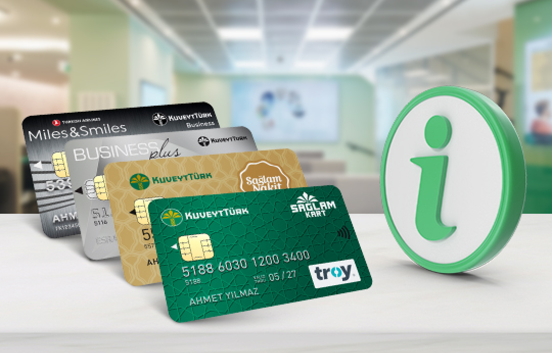 Various bank cards displayed with information icon on desk