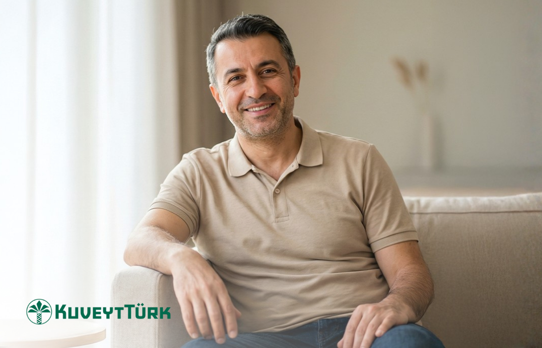 Koltukta oturan ve gülümseyen orta yaşlı adam