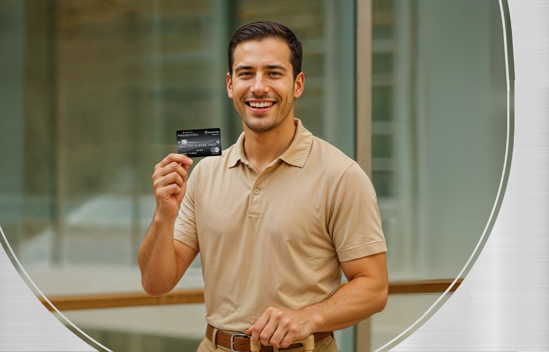 man holding credit card on his hand with his luggage