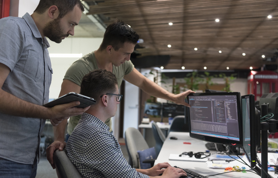 Software develops collaborating at computer workstations
