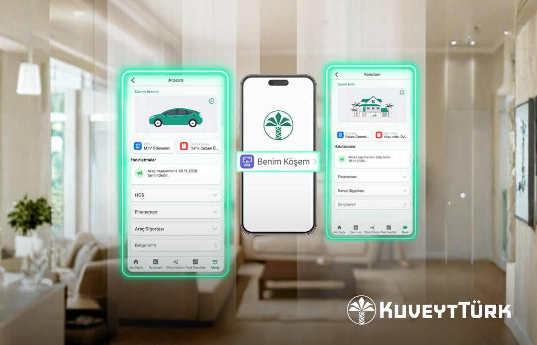 bir oturma odası arka planında Kuveyt Türk Mobil Benim Köşem aracım ve konutum ekranlarının görüntüsü