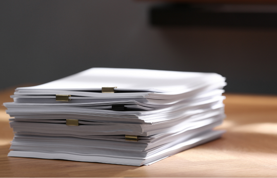 Stack of paper dcuments secured with binder clips