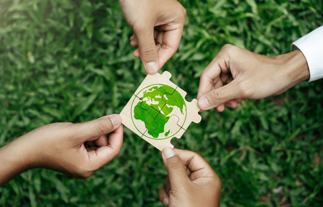 Four hands pieces a globe shaped puzzle 