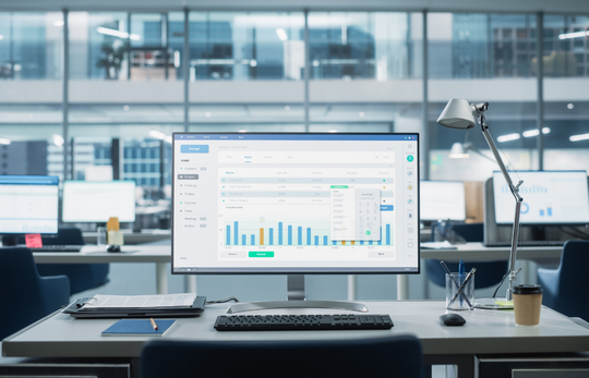 Desk with computer displaying business performance charts