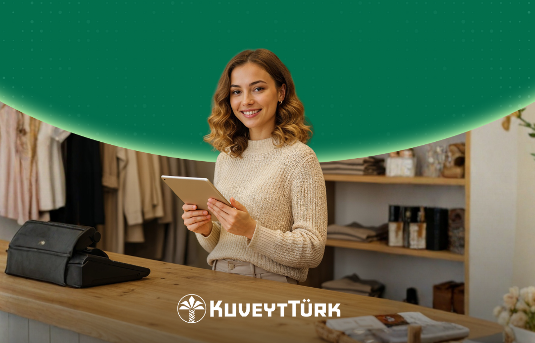 giyim mağazasında kasada elinle tabletle duran genç kadın