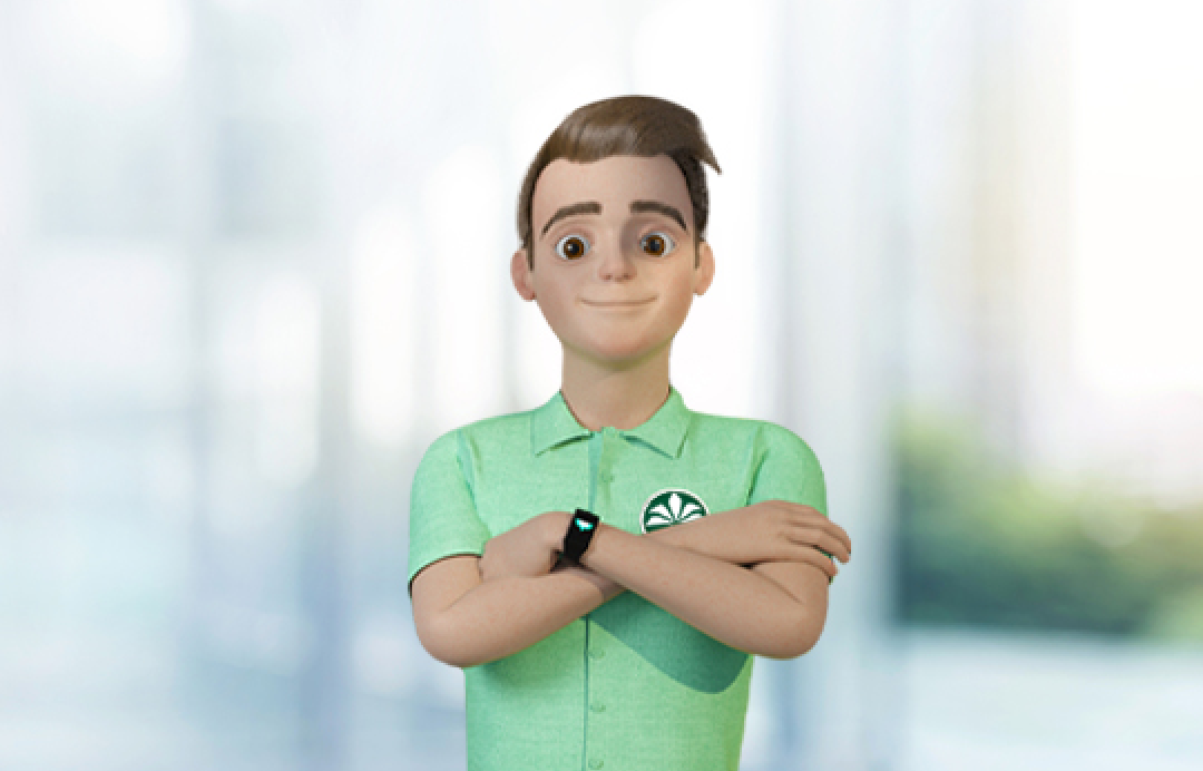 Animated banking mascot standing with arms crossed