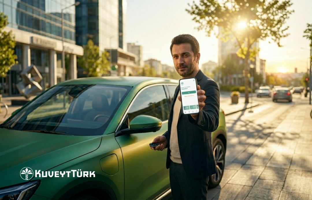 A person showing a vehicle financing application via the Kuveyt Türk mobile application with an electric vehicle parked behind them	