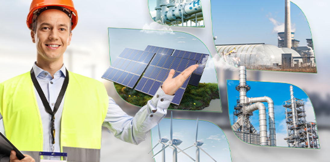 Engineer presenting solar panels wind turbines and indstrial plants