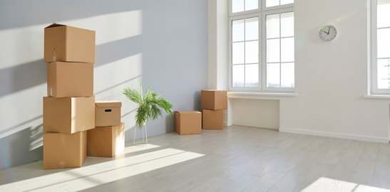 Boxes ready to move into a sunny white apartment
