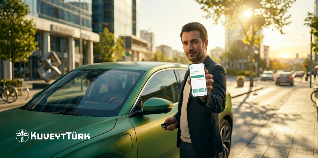A person showing a vehicle financing application via the Kuveyt Türk mobile application with an electric vehicle parked behind them