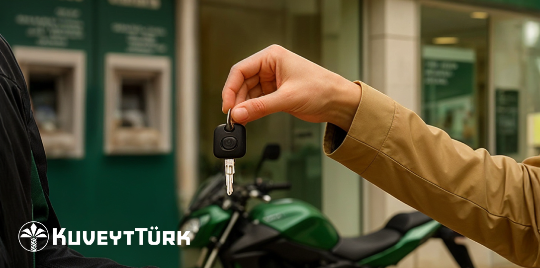 A hand extending a motorcycle key in front of a Kuveyt Türk branch with a green motorcycle behind it