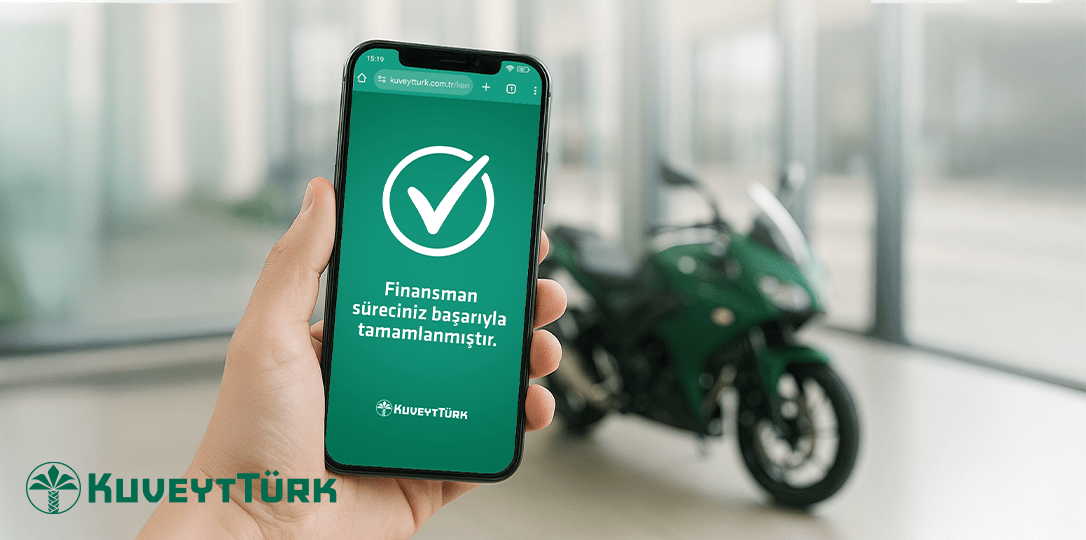 A phone showing that a motorcycle financing application has been completed digitally with a green motorcycle behind it