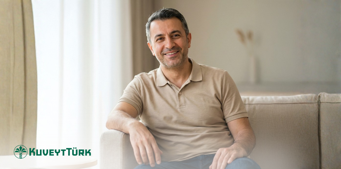 Koltukta oturan ve gülümseyen orta yaşlı adam