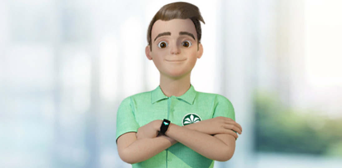 Animated banking mascot standing with arms crossed