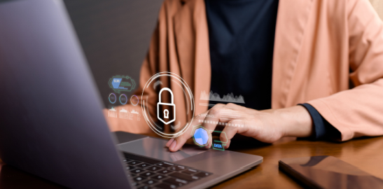 Person using laptop with digital lock security overlay