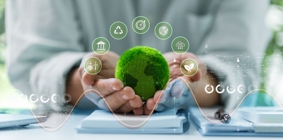 Hands holding green globe surrounded by sustainabilty icons